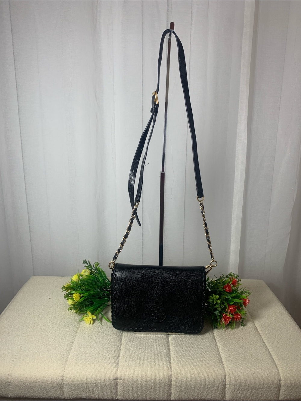 GUC Tory Burch Black Pebble Leather Marion Wallet Crossbody